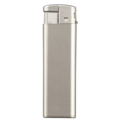 An electronic refillable metallic lighter. Child-resistant.