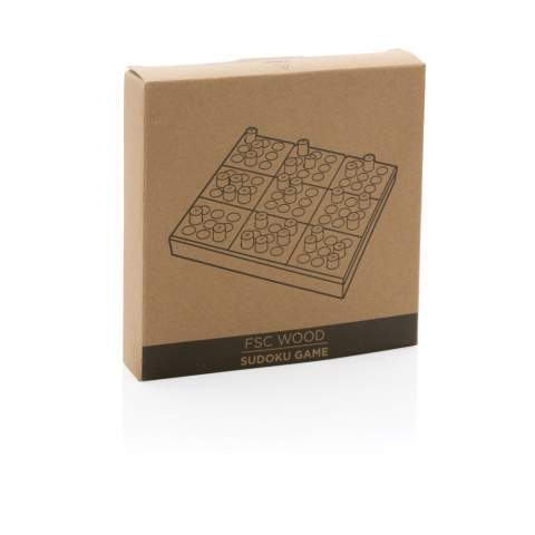 Met dit FSC® gecertificeerde houten Sudoku spel heb je urenlang speelplezier! Het hele spel is gemaakt van hout inclusief de pinnen en wordt geleverd met een massief houten hoes om de stukken te beschermen. Wordt geleverd met gemakkelijk te begrijpen regels voor het spelen en oplossen van Sudoku-puzzels. Een puzzel kan 20 minuten tot 2 uur duren, afhankelijk van je ervaring. Wordt geleverd in FSC®-gecertificeerde kraftdoos.