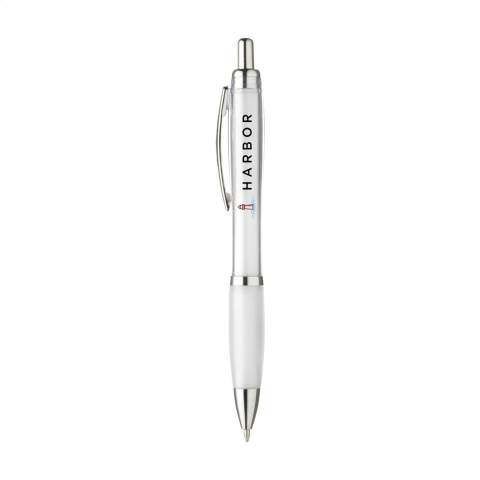 Stylo à encre bleue ou noire avec corps coloré translucide, embout antidérapant et clip en métal.