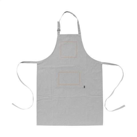 WoW! Tablier en 80% coton mélangé recyclé et 20% polyester recyclé (160 g/m²). Avec une poche plaquée. La sangle de cou peut être ajustée avec une boucle en métal. Toujour adapté. Certifié GRS. Matière recyclée totale : 100%. Si vous choisissez ce produit, vous choisissez du coton recyclé. Par conséquent, la couleur peut varier selon le produit.