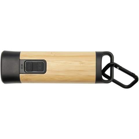 The Kuma torch with carabiner is crafted from certified bamboo and 41% RCS certified recycled plastic, making it a more sustainable choice for exploring the outdoors, tackling DIY projects, or navigating power outages. Featuring a powerful 3W COB light source available in 3 different light modes, the Kuma produces 80 lumens of light with a beam distance of up to 100 meters when fully charged. Equipped with a high-capacity 1200 mAh Li-ion 18650 battery, the torch ensures longevity and reliability, producing 3.5-4.5 hours of continuous illumination on a single charge. The included aluminium carabiner allows for easy attachment to backpacks, belts, or gear, making it a trusty companion for camping or hiking. Since bamboo is a natural product, there may be slight variations in colour and size per item, which may affect the final printing outcome. Delivered with a 30 cm TPE Type-C charging cable, and packed in a STAC gift box from sustainable sources.