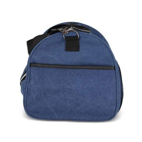 Stylish duffle bag made from recycled cotton canvas. Features 100% recycled reflective webbing, luxurious zips and pulls, and 100% recycled polyester lining. Includes a side grab handle, adjustable removable shoulder strap, 1 side pocket, 2 front pockets, and 3 interior pockets, one with a zip.