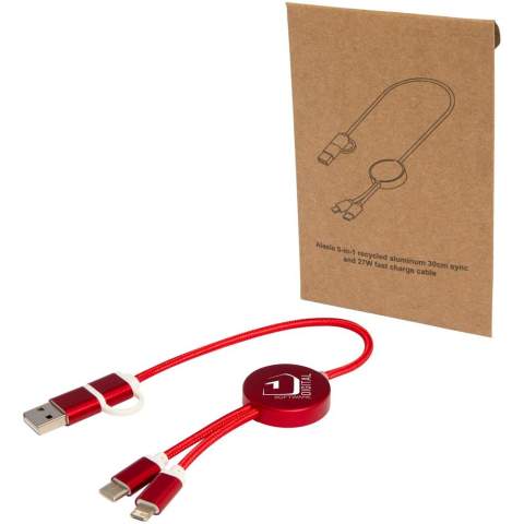 Le câble 5-en-1 de synchronisation des données et de charge rapide 27 W Alasia est fabriqué à partir d’aluminium et de plastique recyclés, élégants et durables à la fois. Ce câble est doté de connecteurs d’entrée USB-A et Type-C combinés à un connecteur de sortie Type-C et combi Lightning/Micro USB. L’USB-A vers l’USB-C fournit une puissance de sortie maximale de 27 W. Toutes les autres options de connexion offrent une puissance maximale de 15 W. Compatible avec CarPlay et Android Auto. Que vous soyez à la maison, au bureau ou en déplacement, le câble Alasia offre performance et style dans un ensemble compact. Longueur du câble : 30 cm.
