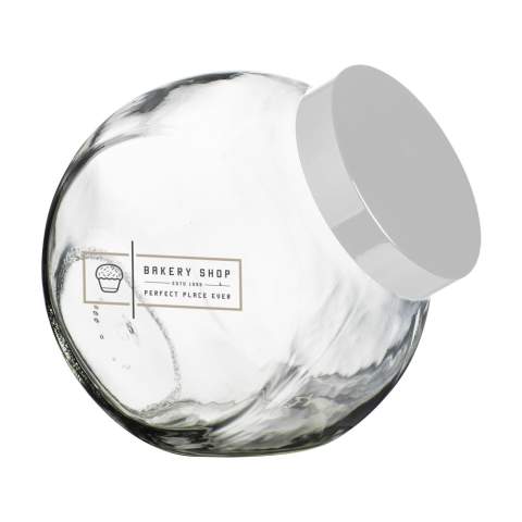 Bonbonnière en verre. Se ferme avec un couvercle en plastique argenté. Capacité 2.000 ml.