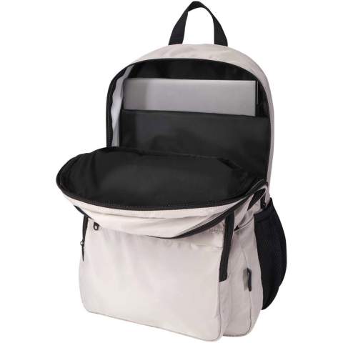 Le sac à dos Trend Plus est fabriqué avec un tissu doux et infroissable, recyclé et certifié GRS, et une doublure RPET de qualité. Le sac à dos comprend un compartiment pour ordinateur portable de 15'', un compartiment d'organisation, des poches avant zippées, des poches latérales en maille filet et un dos en filet aéré avec une sangle pour trolley. Bretelles réglables pour un confort optimal. Capacité : 20 litres. Capacité de charge maximale de 10 kg. Sans PVC. 