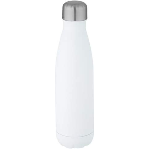 Vacuum insulated stainless steel bottle with an iconic design. The insulated 18/8 stainless steel keeps drinks hot or cold for several hours. Tested and approved under German Food Safe Legislation (LFGB), and tested for phthalates content according to REACH regulations. Featuring a base that fits in most cup holders, this sleek looking water bottle is a perfect promotional item. Volume capacity is 500 ml. Presented in a recycled cardboard gift box.
