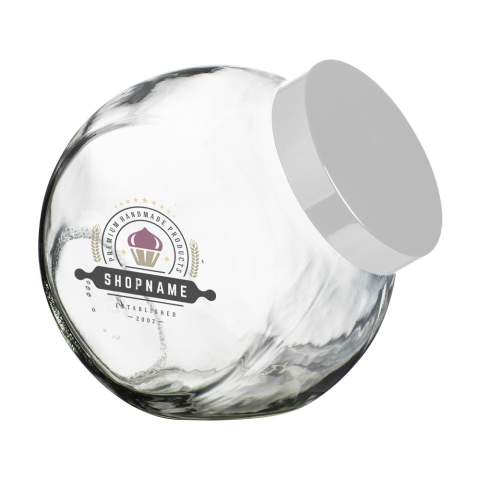 Bonbonnière en verre. Se ferme avec un couvercle en plastique argenté. Capacité 2.000 ml.
