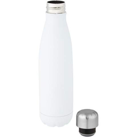 Vacuum insulated stainless steel bottle with an iconic design. The insulated 18/8 stainless steel keeps drinks hot or cold for several hours. Tested and approved under German Food Safe Legislation (LFGB), and tested for phthalates content according to REACH regulations. Featuring a base that fits in most cup holders, this sleek looking water bottle is a perfect promotional item. Volume capacity is 500 ml. Presented in a recycled cardboard gift box.