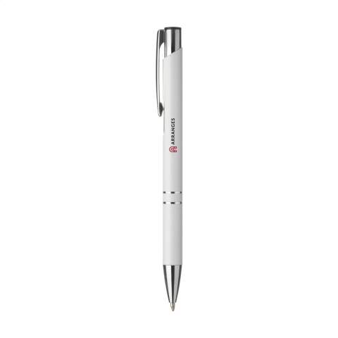 Stylo à bille en aluminium à écriture bleue ou noire avec corps coloré mat d'aspect métallique et clip/bouton-poussoir en métal.
