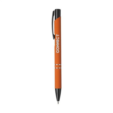 Blue ink ballpoint pen with black painted push button/clip and tip, chrome interlaces. The barrel is finished with a rubberised finish.