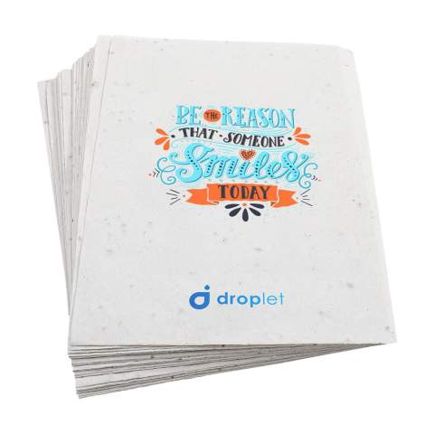 WoW! Leaflet in A5 format made from biodegradable paper with seeds (80 g/m² seed paper). Including full colour print on one side, which you can fully customise to your brand or message. A (full colour) print on the second side is possible at an additional cost.    Choose from three types of seeds: flowers, herbs or vegetables.    This leaflet combines communication with a surprising effect. Ideal for trade fairs, events and mailing campaigns to draw attention to your message in an original way. The leaflet does not have to be collected with the waste paper but can be planted in the ground, where the seeds will germinate.    By processing seeds and using recycled materials, small irregularities in the material are visible. Made in Europe.