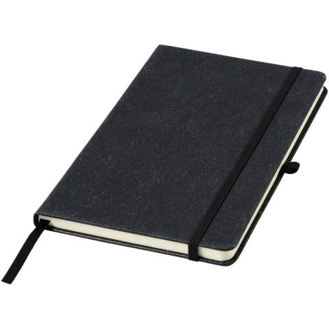 A5 size reference notebook with cover made of leather leftover pieces. Features an elastic band, pen loop, ribbon marker and 80 sheets, 80 g/m² lined paper.