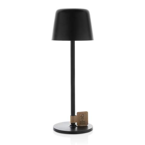 Trendy re-chargeable and portable table lamp that will look good both on your desk or in your living room. Made with RCS certified recycled ABS and metal pole. Total recycled content: 51% based on total item weight. RCS certification ensures a completely certified supply chain of the recycled materials. The table lamp will operate up 8 hours on one single charge and can be re-charged in 3 hours. With integrated 1200 mah A-grade battery, With three modes (warm light, white light and neutral) that can be adjusted by touching the top of the lamp. Rechargeable via USB-C including 80cm recycled TPE charging cable. Packed in FSC® mix packaging. PVC free.<br /><br />Lightsource: LED<br />LightsourceQty: 36<br />PVC free: true