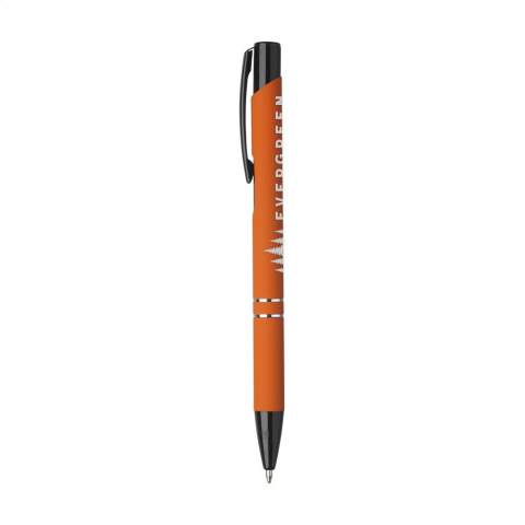 Blue ink ballpoint pen with black painted push button/clip and tip, chrome interlaces. The barrel is finished with a rubberised finish.