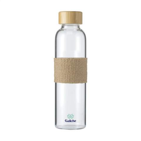 Slim, eco-friendly and leak-proof drinking bottle made from durabl, high-quality borosilicate glass. Fitted with a bamboo screw cap and jute sleeve. Capacity 500 ml. The glass bottle is dishwasher safe with the exception of the screw cap. Capacity 500 ml. Each item is supplied in an individual brown cardboard box.