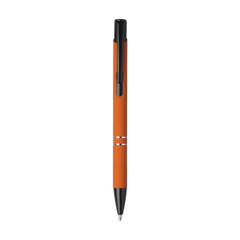 Blue ink ballpoint pen with black painted push button/clip and tip, chrome interlaces. The barrel is finished with a rubberised finish.