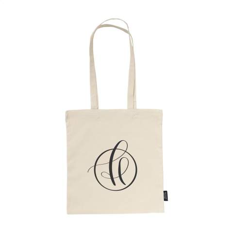 WoW! Shopping bag made from 100% firm-woven recycled cotton (140 g/m²). With long handles. GRS certified. Capacity approx. 7 litres. This cotton is recycled. As a result, the colour may vary per product.