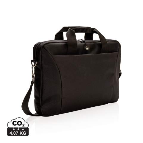 Carry your 15.4” laptop to and from work inside this slim 600D with 1680D polyester laptop bag from Swiss Peak. Includes a padded pocket for your laptop, a separate pocket to hold your iPad or tablet, and a front zippered extensive organiser with pen sleeves and pockets to hold all of your small accessories. Also comes with a rear luggage opening that can be slid over the handle of your upright rolling suitcase. Versatile carrying options with the adjustable & detachable shoulder strap. PVC free.<br /><br />FitsLaptopTabletSizeInches: 15.4<br />PVC free: true