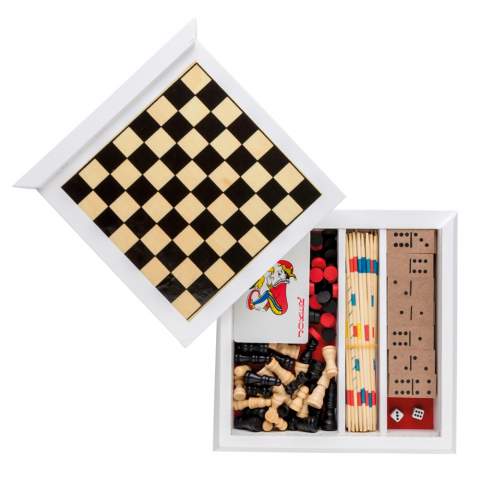 5 in 1 game set including: mikado, playing cards, domino, chess and backgammon. White pine wood box 17x17x3,7cm with black print chess board at one side of lid and black/red printed backgammon board on bottom of box. One side of sliding lid for logo imprint. Packed in black box with separate red lid and red felt inside.