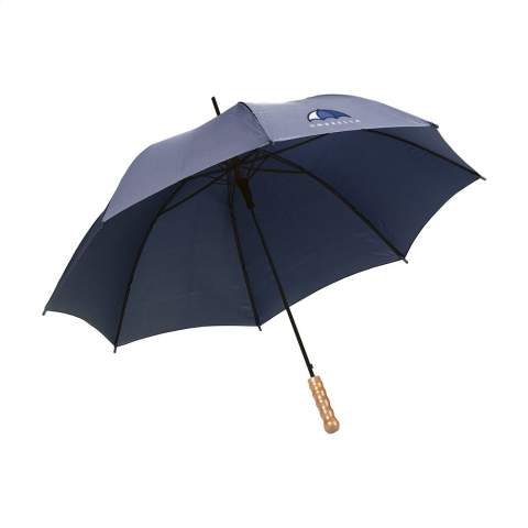 Umbrella with automatic telescopic opening, 190T polyester canopy, metal frame and shaft, wooden handle and velcro fastener.