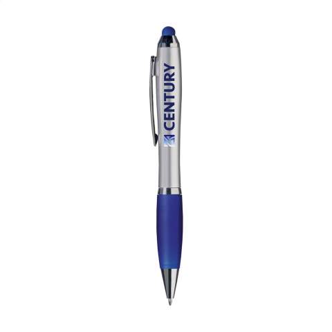 Blue ink ballpoint pen with coloured rubber top/pointer to operate touch screens (eg iPhone/iPad), metallic look barrel, non-slip grip, recess in metal clip and twist mechanism.