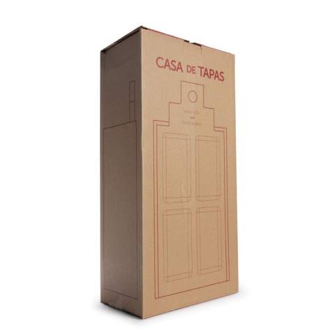 Rackpack Casa de Tapas Large: a wine gift box and tapas snackplate in one. A wooden gift box for two bottles of wine or some delicious tapas. The frontside of the bamboo plate has compartments for tapas, the backside can be used as a cutting board. Muchas gracias! Rackpack: a wine gift box made of wood with a new second life!  • suitable for two bottles of wine • 8-10 mm pine wood • bamboo wood: a sustainable alternative to tree wood - bamboo can be harvested within 5 years (trees need 30 - 120 years!) and 4 to 7 new plants grow from the remaining root • wine not included. Each item is supplied in an individual brown cardboard box.