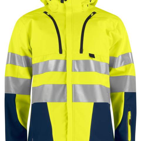 • wind- en waterafstotend en ademende softshell<br />• met fleece gevoerde kraag<br />• afneembare capuchon<br />• ritssluiting aan de voorzijde die bedekt is met een flap• Deze stormflap kan afgesloten worden met drukknopen <br />• twee schuinlopende, verticale borstzakken, de linker met telefoonzakje binnenin <br />• twee zijzakken<br />• één mouwzakje op linkermouw<br />• lus voor badgehouder<br />• ventilatiegaten onder de armen met ritssluiting<br />• aanpasbare taille<br />• aanpasbare manchetten<br />• langer rugpand<br />• reflecterende biezen op mouwen en rug