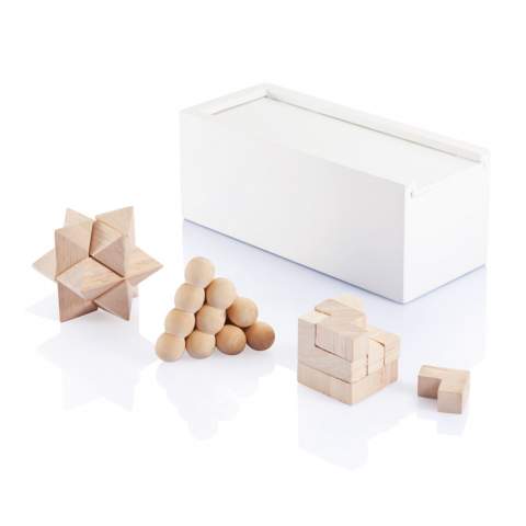 Exercise your mind like you exercise your muscles! Brain teaser toys are an ultra-fun way to better your analysing and problem-solving skills. This brain teaser set contains 3 puzzles and comes in a white painted pine wooden box. Made with FSC®certified wood. Comes in FSC®certified kraft gift packaging.
