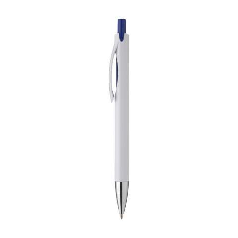 Blauschreibender Kugelschreiber mit stilvollem Design: das Gehäuse und der Clip dieses Kugelschreibers sind aus einem "Guss", auffallender Farbakzent unter dem Clip. Dieser Farbakzent passt zur Farbe des Druckknopfes.