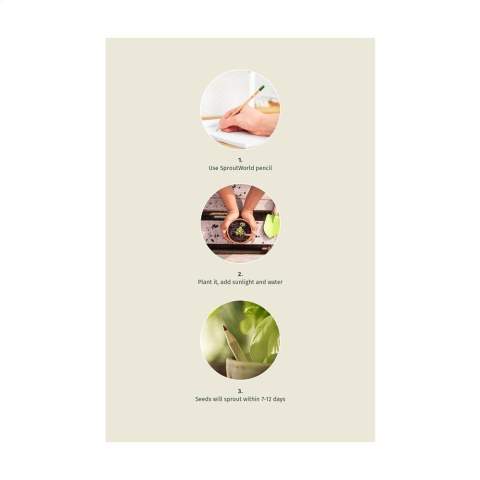 Sproutworld-Bleistift mit einer inspirierenden Botschaft für die Natur. Dieser angespitzte Bleistift ist aus Holz gefertigt. Am Ende des Bleistifts ist eine Kapsel (aus Zellulose) angebracht, die einige Samen enthält. Wenn der Stift zu klein geworden ist, um ihn zu verwenden, pflanzen Sie den Stift mit der Kapsel in die Erde. Nach etwa 2–3 Wochen keimen die Samen und entwickeln sich zu wunderschönen Blumen, duftenden Kräutern oder Gemüse. Wählen Sie aus verschiedenen Typen. Der Name der Pflanze ist standardmäßig in den Bleistift eingraviert. Der Bleistift enthält kein Blei und ist daher völlig sicher. Made in Europe. Zusatzartikel W387: Bunte Karte aus Karton zum Einlegen des Bleistifts. Die Karte enthält englischsprachige Informationen über das Produkt und verleiht dem Produkt einen exklusiven Aufmerksamkeitswert.