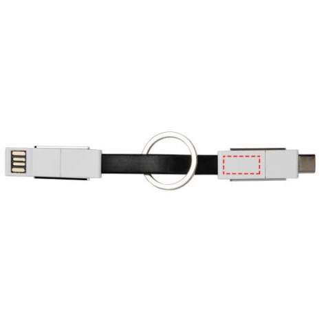 Eén 4-in-1 kabel die alle oplaadbehoeften in één pakket bevat. Het bevat een USB type-A, type-C en een 2-in-1 uiteinde dat compatibel is met zowel iOS- als Android-apparaten. Het kan worden gebruikt voor opladen en gegevensuitwisseling. Wordt geleverd met een sleutelhanger en heeft magneten om gemakkelijk te kunnen dragen.
