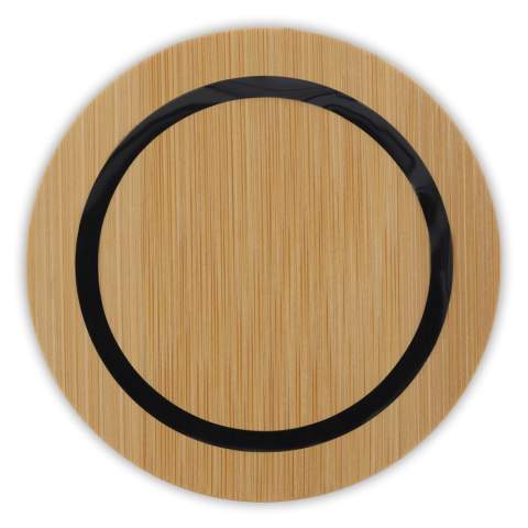 Beautiful and stylish wireless speaker with bamboo inlay. The unique 2-in-1 speaker also functions as a wireless charging station. Charging cable included. Comes packaged in a gift box.