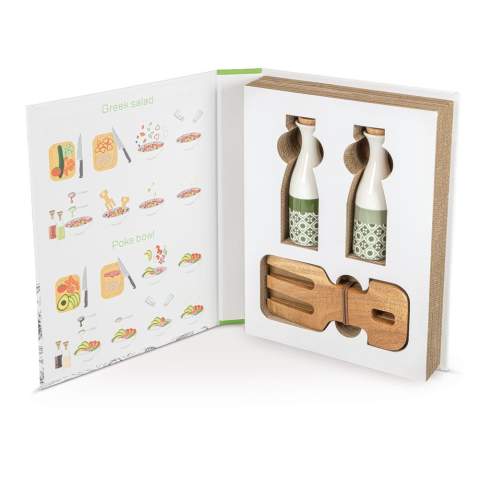 Deze verpakking in boekstijl design bevat een keramische set voor olie &amp; azijn en een set slaklauwen. Deze klauwen zijn geschikt voor het mixen van salades en het oppakken er van.  De bookstyle bevat ook twee recepten om compleet verschillende en populaire salades te maken.