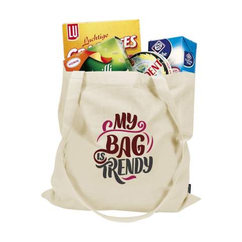 WoW! Shopping bag made from 100% firm-woven recycled cotton (140 g/m²). With long handles. GRS certified. Capacity approx. 7 litres. This cotton is recycled. As a result, the colour may vary per product.