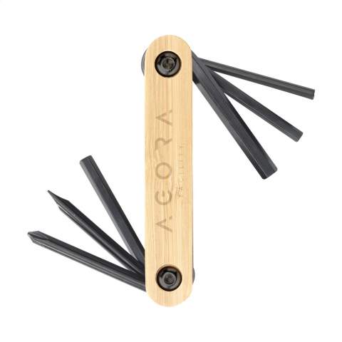 7-piece tool set with steel and bamboo holder. The holder contains the following black steel tools: 5 Allen keys in various sizes, a screwdriver and a Phillips screwdriver. You can easily take this compact set with you when on the move. Each item is supplied in an individual brown cardboard box.