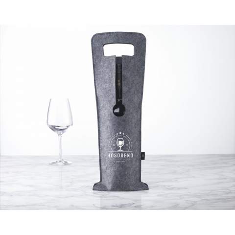WoW! Trendy wijnfleshouder van RPET-vilt. Deze milieuvriendelijke wijngeschenkverpakking biedt ruimte aan 1 fles wijn.