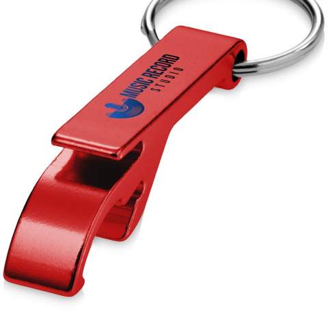 The strong and lightweight Tao bottle and can opener with keychain is made of 83% RCS certified recycled aluminium. The Recycled Claim Standard (RCS) verifies the recycled content of a product throughout the entire supply chain. Available in a variety of striking colours with a metallic finish, making a printed logo stand out nicely.