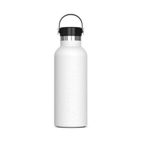 Gourde isotherme sous vide à double paroi. Le flacon 100% étanche est emballé dans un coffret cadeau. La bouteille maintient la boisson à l'intérieur à la bonne température plus longtemps, grâce au vide entre les parois. Les boissons resteront chaudes jusqu'à 12 heures et/ou froides jusqu'à 24 heures. La bouteille contient un revêtement en poudre pour une surface plus premium.