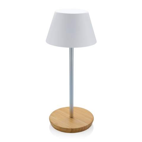 Luxury table lamp made with RCS certified recycled ABS plastic, recycled aluminum and FSC certified 100% bamboo . Total recycled content: 40% based on total item weight. RCS certification ensures a completely certified supply chain of the recycled materials. The table lamp will operate up 18 hours on one single charge and can be re-charged in 2 hours. With a-grade 1800 mAh battery and type C input ( 5V/1A) With two modes (warm light and white light) that can be adjusted by touch sensor in the base. Rechargeable via USB-C. Packed in FSC® mix packaging. IPX 4 waterproof.<br /><br />Lightsource: LED<br />LightsourceQty: 24<br />PVC free: true