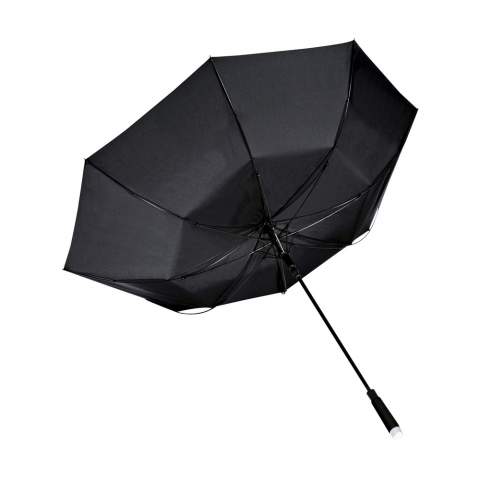 Umbrella with 190T pongee canopy, storm proof design, automatic telescopic opening, fibreglass frame and shaft, soft foam handle and velcro fastener. In a pouch.