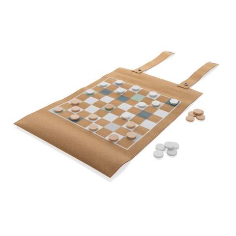 This foldable backgammon and checkers game set is a modern high-quality board game set featuring a FSC®-certified cork playing surface and playful colours. It is foldable for easy storage and transport, comes with playing pieces and a dice. With its classic design and durable playing pieces, it's a great option for anyone who loves these classic board games and wants a set that can be easily transported and stored.