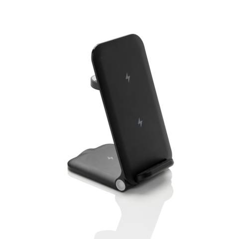 3-in-1 wireless charger  stand made with RCS recycled ABS. Total recycled content: 51% based on total item weight. RCS certification ensures a completely certified supply chain of the recycled materials. The wireless charger comes equipped with a 15W wireless charger and an additional 5W wireless charger suitable for earbuds cases or other small wireless chargeable devices and a 2.5W wireless charger for smartwatches ( Apple watches only). Foldable design so easy to take with you. Including RCS certified 120 cm recycled TPE cable. Packed in FSC® mix kraft packaging. Item and accessories 100% PVC free. Input: 9V/3A for optimal use. Output: Phone: 9V/1.1A; 9V/1.67 A/(15W), Earbuds: 5V/1A (5W), Watch: 5V/0.5A.<br /><br />WirelessCharging: true<br />PVC free: true