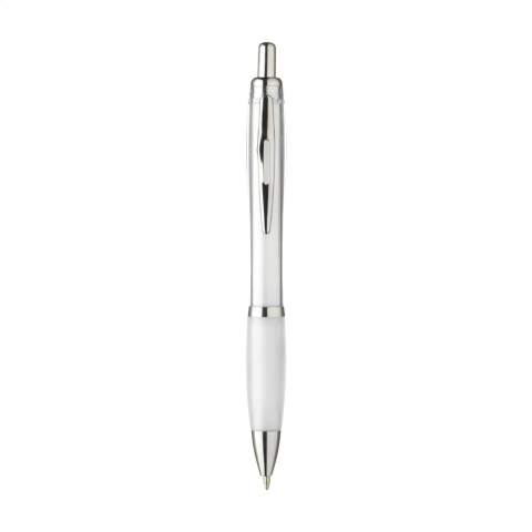 Stylo à encre bleue ou noire avec corps coloré translucide, embout antidérapant et clip en métal.