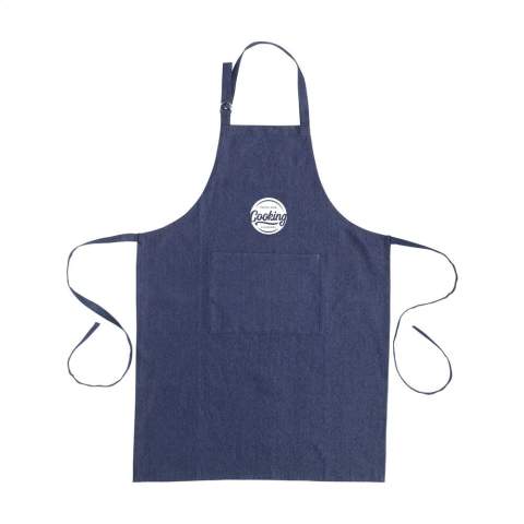 WoW! Apron made of 100% recycled, blended denim (220 g/m²). With a patch pocket. The neckband can be adjusted with a metal clasp. One size fits all. GRS-certified. Total recycled material: 100%. If you choose this product, you choose recycled cotton. As a result, the colour may vary per product.