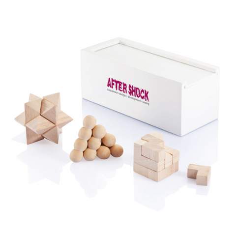 Exercise your mind like you exercise your muscles! Brain teaser toys are an ultra-fun way to better your analysing and problem-solving skills. This brain teaser set contains 3 puzzles and comes in a white painted pine wooden box. Made with FSC®certified wood. Comes in FSC®certified kraft gift packaging.