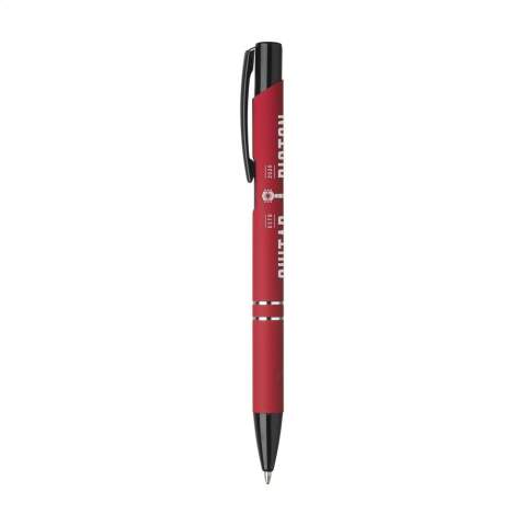 Blue ink ballpoint pen with black painted push button/clip and tip, chrome interlaces. The barrel is finished with a rubberised finish.