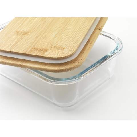 Lunch box made from high-quality borosilicate glass that can withstand high temperature differences. It has a bamboo lid that closes perfectly thanks to the silicone edge on the bottom. This allows the contents to be kept airtight. Also suitable as a fresh box. Includes elastic closure. A sustainable and environmentally friendly product. Only the glass is dishwasher safe and suitable for use in the microwave, oven and freezer.   NOTE: Due to the natural grains and contours of bamboo, we cannot guarantee consistency in depth/colour of the engraving. Each item is supplied in an individual brown cardboard box.