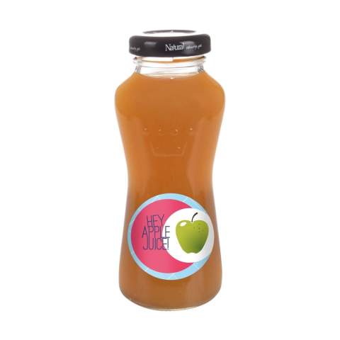200 ml Apfelsaft in einer Glasflasche mit schwarzer Kappe.