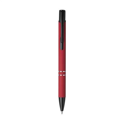 Blue ink ballpoint pen with black painted push button/clip and tip, chrome interlaces. The barrel is finished with a rubberised finish.