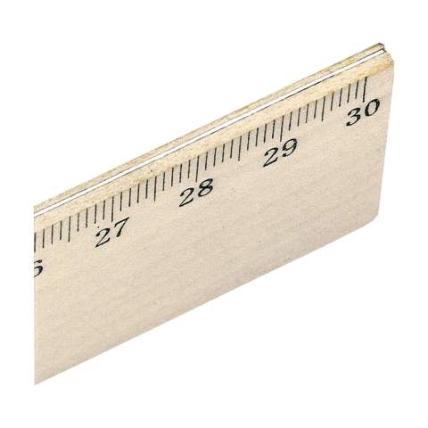 Lineal (30 cm) aus Lindenholz, mit eingelegtem Metallstreifen.